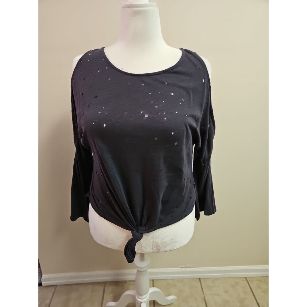 Iris Dark Gray Cold Shoulder Blouse Tie Waist Distressed Design Size 1x